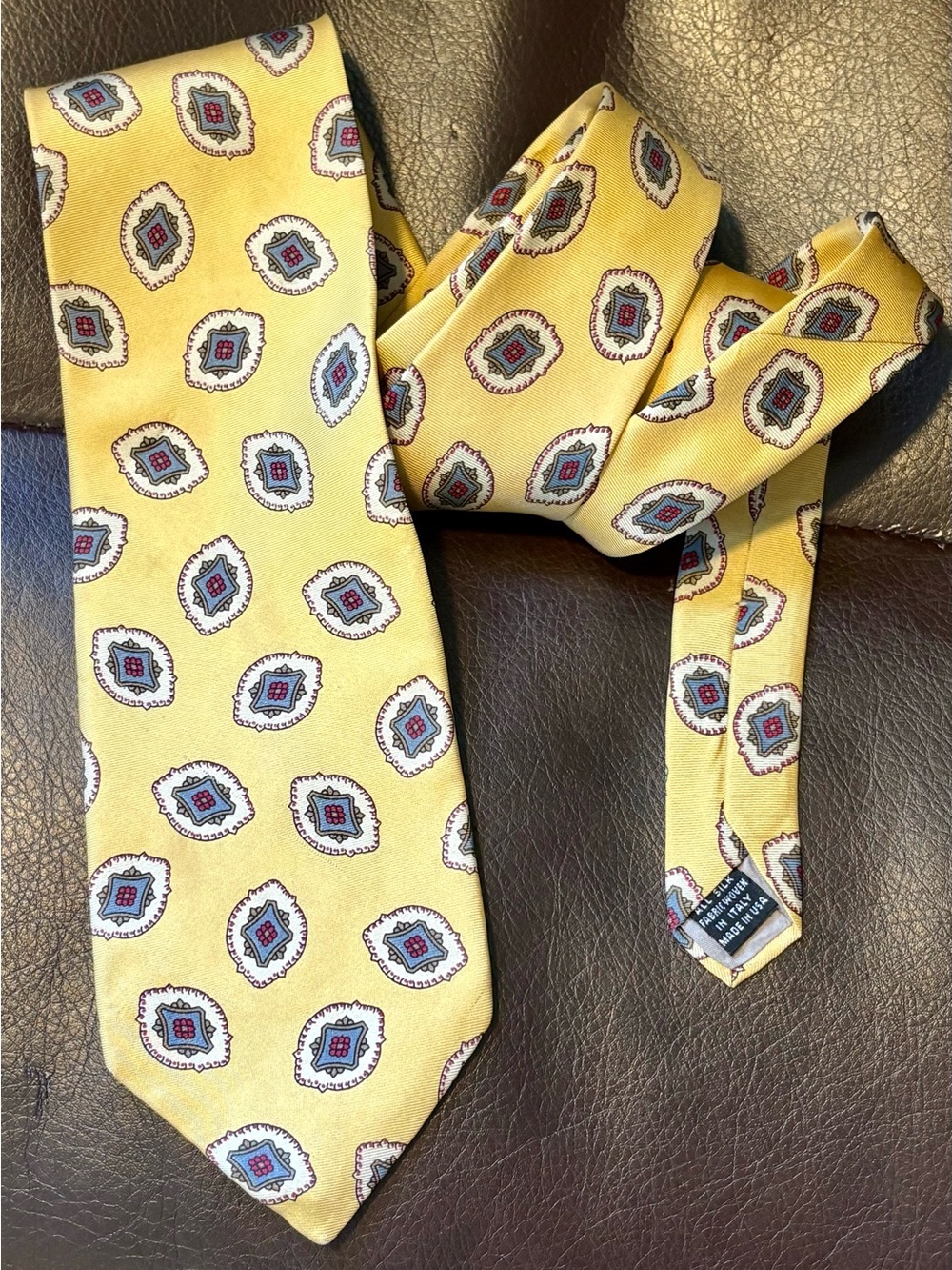 Christian Dior Monsieur Silk Necktie Yellow With Red & Blue Accented Medallions